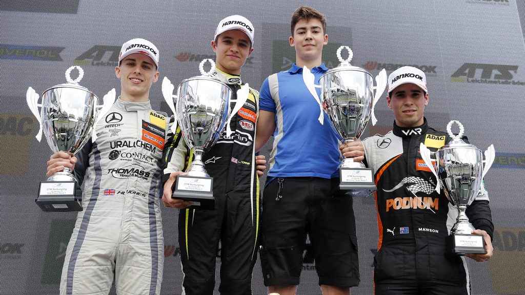 Prize giving ceremony, 34 Jake Hughes (GBR, Hitech Grand Prix, Dallara F317 - Mercedes-Benz), 31 Lando Norris (GBR, Carlin, Dallara F317 - Volkswagen), 96 Joey Mawson (AUS, Van Amersfoort Racing, Dallara F317 - Mercedes-Benz), FIA Formula 3 European Championship, round 8, race 1, Nürburgring (DEU), 8. - 10. September 2017